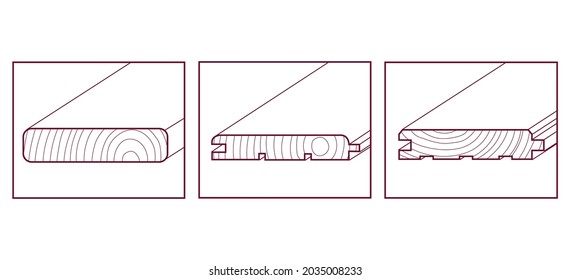 Vectorized wooden boards icons: decking board, terrace board, common tongue-and-groove beaded ceiling board, wooden lining; profiled timber imitation. Isolated on white background silhouette 