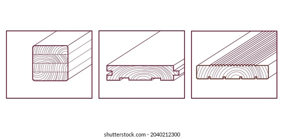 Vectorized wooden boards icons: decking board, terrace board, common tongue-and-groove beaded ceiling board, wooden lining; profiled timber imitation. Isolated on white background silhouette