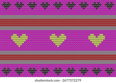 Vector, fondo de patrón de corazón de punto con Elementos rosados, amarillos, rojos, grises y negros. Lindo y acogedor diseño textil ideal para el día de San Valentín, temas románticos o texturas de tela de invierno.