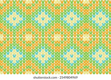 vector,Knitting pattern of green, orange, blue and white squares.