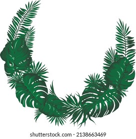 Vectorl round frame from green tropical fresh leaves. Template with natural elements for card, poster, invitation. 