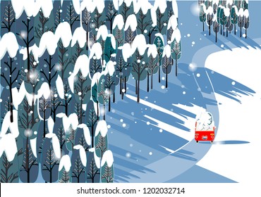 Vector-landscape of winter scene.The red small car loaded a Christmas Tree on its roof.The fantastic pine tree are standing around the road while snowing.Green blue color tone and contrast with red.