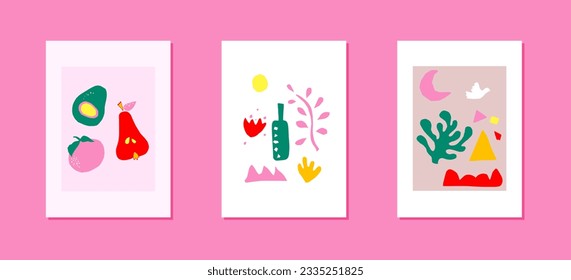 Vector.Matisse Abstract Art Sets the and Organic Shapes in a trendy minimal style. Vector collage , birds and and botanical elements made of cut paper. Printable for posters.Textile.Dove.Bottle.EPS 10