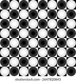 vector,Minimalist seamless geometric pattern with alternating black and white circular designs. Perfect for modern backgrounds, textiles, and abstract art decoration.