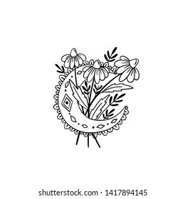 Vectormoon with flowers. Wild magic style design. Isolated illustrations - great for stickers, coloring book. 