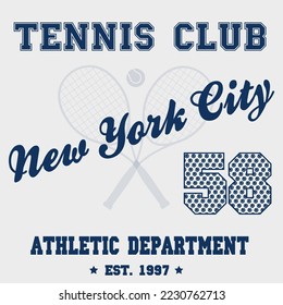 Vectornew york city tennis club slogan print with racket and ball illustration for graphic tee t shirt.