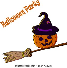  Vector-orange pumpkin with carved face is flying on a witch’s broomstick. Big hat on its head. Halloween party text. 