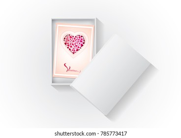 Vector,Pink heart valentine's card in cardboard box rectangular open with cover lid on shadow isolated on white background, eps10