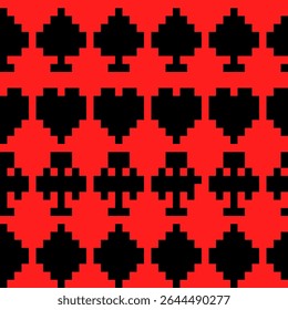 vector,Pixel Art Playing Card Suits Pattern on Red Background.