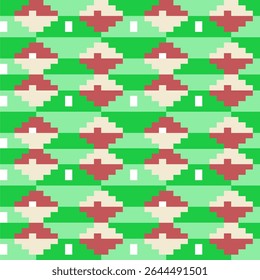 vetor,Pixel Art Tribal Aztec Pattern in Green and Earth Tones.