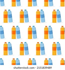 Vectorplastic bottles in blue and yellow colors seamless pattern. Bottle with label and cap.