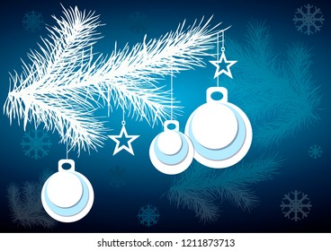 Vectorr illustration New Year and Christmas background with a branch of the New Year tree, balls, stars, snowflakes on a blue background. Postcard for the New Year 2019. Vector illustration.