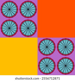 vector,Red and blue spoked wheels on a purple background and orange and yellow square areas without spokes.