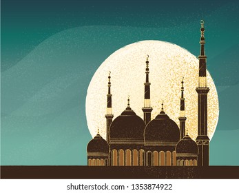 Vector-Retro image with grunge and grain texture of Mosque city landscape on moon and green background with copy space.Silhouette rustic black and gold mosque against full moon light in Ramadan night.