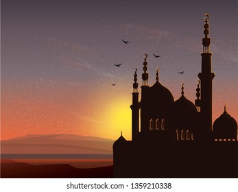 Vektor-Retro-Bild mit Grunge und Kornstruktur der Moschee Stadtlandschaft auf goldenem Sonnenuntergang mit Kopienraum.Silhouette rustikale Schwarz-Gold-Moschee gegen den Dämmerhimmel in Ramadan Feier. 