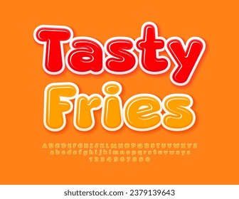 Vectors advertising poster Tasty Fries. Creative glossy Font. Cute Alphabet Letters and Numbers set