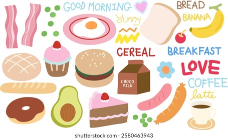 Vectors of bacon, fried egg, bread, banana, sausage, avocado, cake, cupcake, hamburger, milk box, coffee, donut for food, breakfast, lunch, pastry, bakery, cafe, restaurant, menu, recipe, dessert