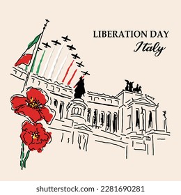 VECTORS. Banner for Liberation Day in Italy, also known as the Anniversary of Italy's Liberation or Anniversary of the Resistance. April 25, poppy flowers, airplanes