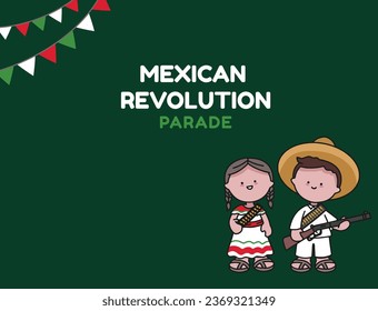 VECTORS. Banner for the Mexican Revolution Parade, November 20. Patriotic event, children parade, costumes