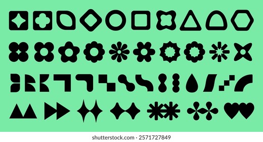 Vectors. Black geometric shapes on a green background. Various geometric shapes include circles, triangles, and squares. Shapes are arranged in rows. Bold geometric design. Black shapes, vector set.