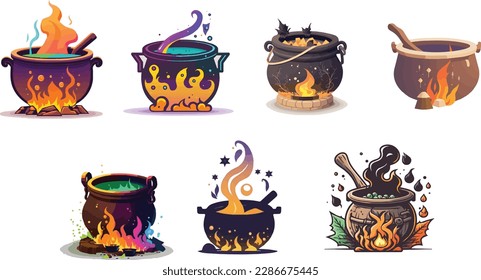 Vectors bundle of cauldron. Halloween spooky  editable vectors