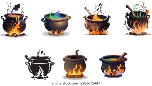 Vectors bundle of cauldron. Halloween spooky  editable vectors