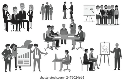 Vectors of business professionals engaging in various office activities, including meetings and presentations, silhouettes, ideal for corporate projects, marketing materials, and presentations. EPS 10