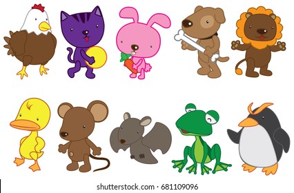 Vectors Cartoon Animal for Kids in White Background. Cute animal cartoon character collection colorful set.  