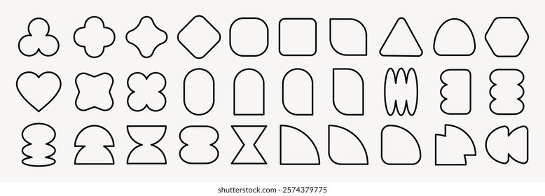 Vectors. A collection of 30 geometric shapes, including circles, triangles, and squares. These geometric shapes vary in design and complexity, offering diverse patterns. Black shapes, vector set.