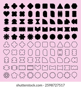Vectors. Collection of 72 abstract shapes, featuring bold and outlined designs. Abstract shapes include geometric, floral, and organic forms on a pink background. Black shapes, vector set.