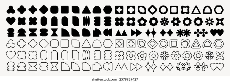 Vectors. A collection of abstract geometric shapes in black and white. Includes circles, squares, triangles, and stars. Various abstract shapes in a grid layout. Black shapes, vector set.