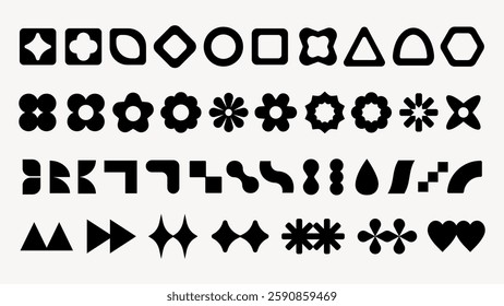 Vectors. A collection of geometric shapes, featuring circles, triangles, and hexagons. These geometric shapes form patterns and designs, ideal for creative projects. Black shapes, vector set.
