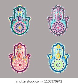 Vectors of colored hands of Fatima with white outline and various ornaments