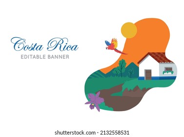 VECTORS. Costa Rica landscape, traditional house, national symbols, touristic banner