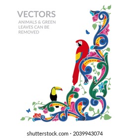 VECTORS. Costa Rica Ox cart design with Macaw  toucan for civic holidays, Independence Day, Annexation of the Nicoya Party. Corner design.