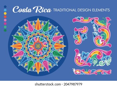 VECTORS. Costa Rican Ox Cart Wheel design and ornaments. Blue version. Traditional painting (carreta tipica)