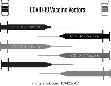 Vectors of COVID-19 vaccine syringes and ampoules in black and gray colors for artwork.