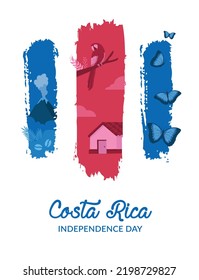 VECTORS. Creative banner for Costa Rica Independence Day and patriotic holidays, September 15, folkloric, flag, nature, national symbols, morpho butterflies