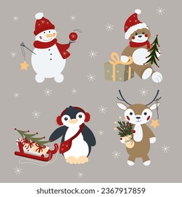 Vectors cute Christmas illustrations set with little deer, penguin, snowman and bear.