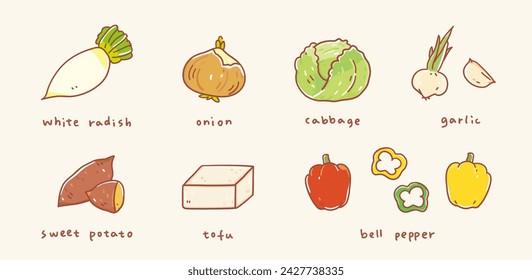 Vectors cute illustration flashcard style cooking set with Healthy vegetables.