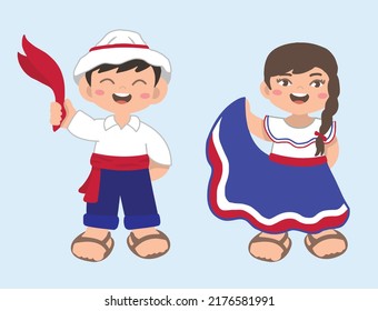 VECTORS. Cute kids dressed with Costa Rica traditional clothing, chonete hat, flag colors, civic holiday, patriotic