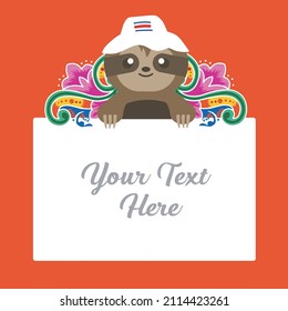 VECTORS. Cute Sloth wearing a chonete hat with Costa Rica traditional Ox cart designs. Costa Rica National Symbol, text holder, divider, decoration, flag