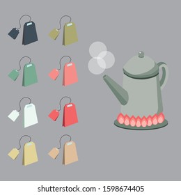 The vectors of different colours of tea bag and tea pot