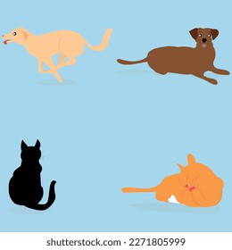 vectors dogs and cats, dog running, dog lying down, cat sitting, cat licking itself, blue background