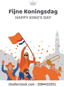 VECTORS. Dutch people celebrating Fijne Koningsdag, King's Day in Netherlands, Amsterdam silhouette, skyline, flag, tradition, culture, holiday