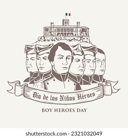 VECTORES. Pancarta editable para el Día de los Héroes de Niños en México, 13 de setiembre. Cadetes militares, Castillo de Chapultepec 
