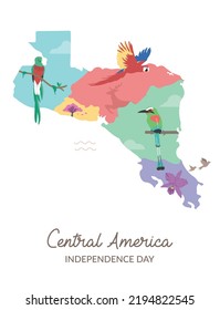 VECTORS. Editable banner for Central America Independence day, September 15. Central America map, nature, national symbols, landscape, Guatemala, Honduras, El Salvador, Nicaragua, Costa Rica