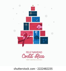 VECTORS. Editable banner for Christmas season and Holidays in Costa Rica. National symbols, patriotic icons, nature, christmas tree, presents