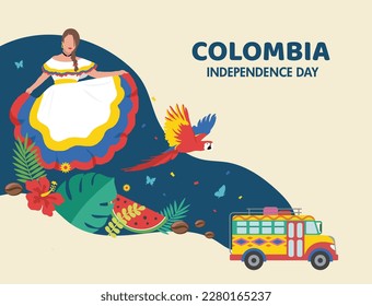 VECTORS. Editable banner for Colombia Independence Day and patriotic events. Chicken bus, national symbols, festival, party, tradition, traditional clothing