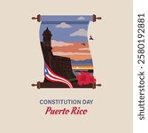 VECTORS. Editable banner for the Constitution Day in Puerto Rico (July 25) and other patriotic holidays. Flag, Old San Juan, San Felipe del Morro Castle, national flower